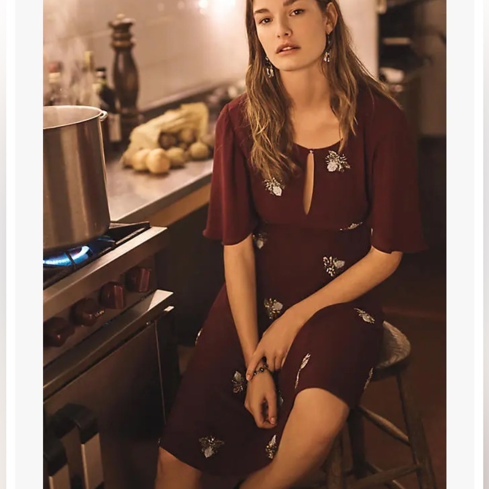 Anthropologie Moulinette Soeurs Burgundy Wine Beaded Firefly Dress sz 2